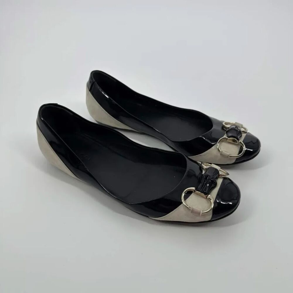Gucci Black/White Patent Leather Horsebit Ballet Flats Size 6B